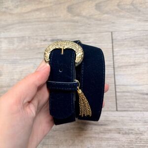 Vintage Navy Velvet Western Belt Gold Engraved Buckle Tassel Accent Boho